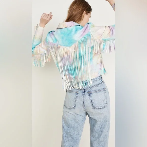**RARE** Blank NYC Tie Dye Fringe Leather Moto Jacket - Picture 3 of 16